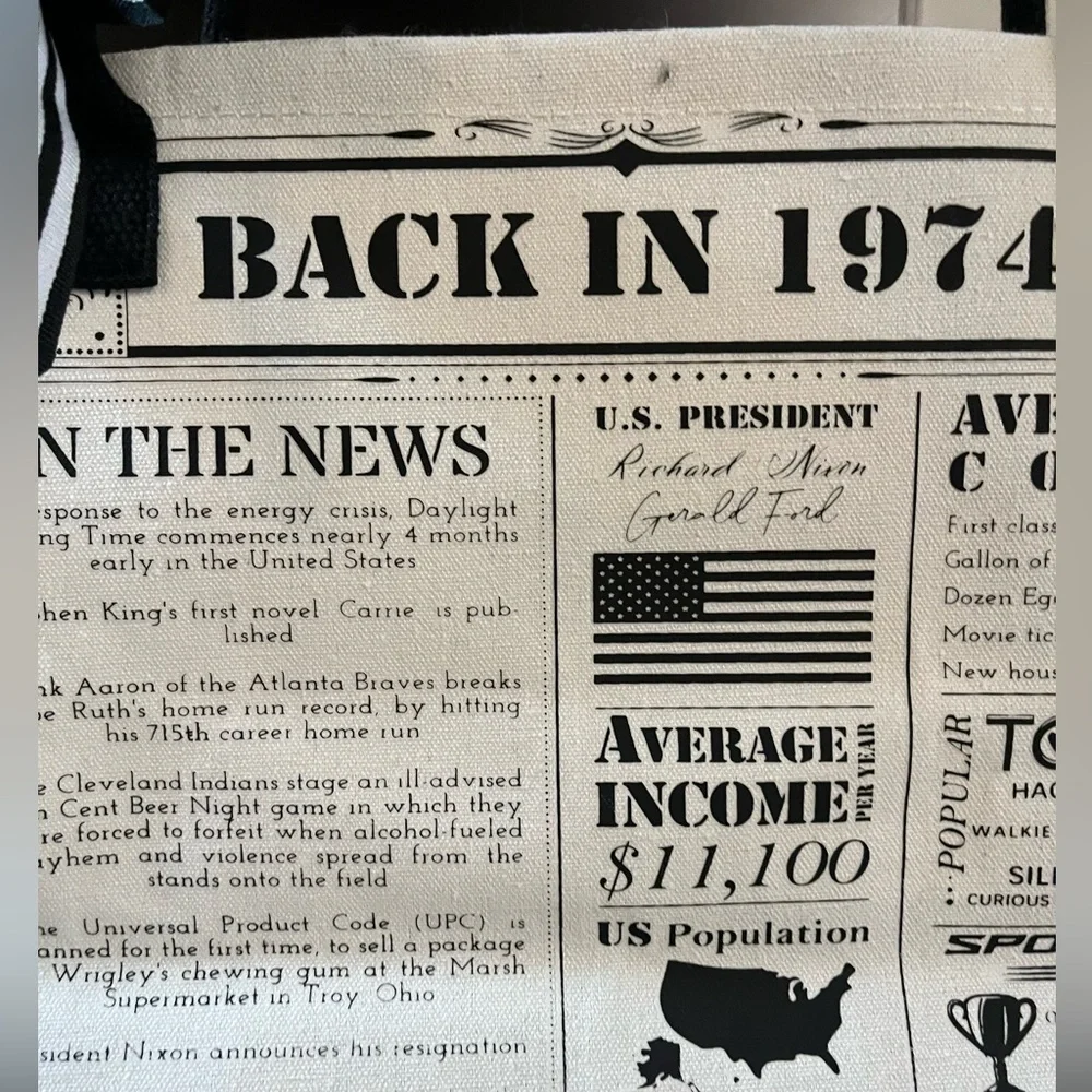 NWT “1974 Vintage, Back in 1974” Large Canvas Tote Bag Black & White Bow Detail